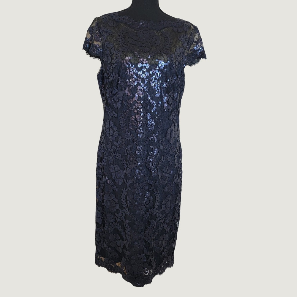 Tadashi Shoji Sequin Floral Lace Sheath Dress Blue Sz 14 Mother of the Bride